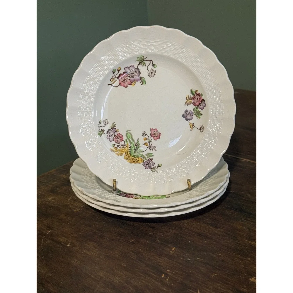 Four Copeland Spode Wicker Lane Floral Basketweave Scalloped Bread Plates